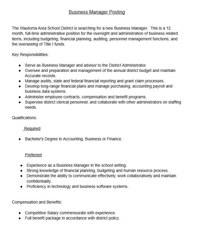 WASD Business Manager Position