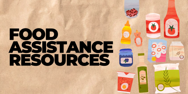 Food assistance resources on paper bag background with graphics of food pantry items