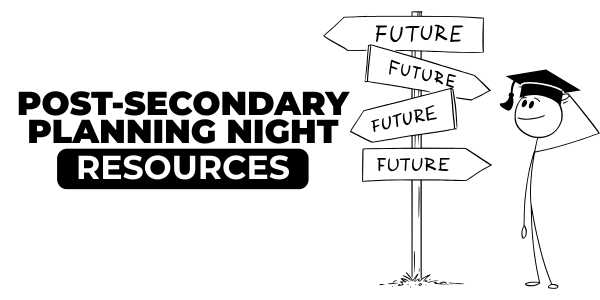 Post-Secondary Planning Night resources with image of graduate looking at a sign that says future