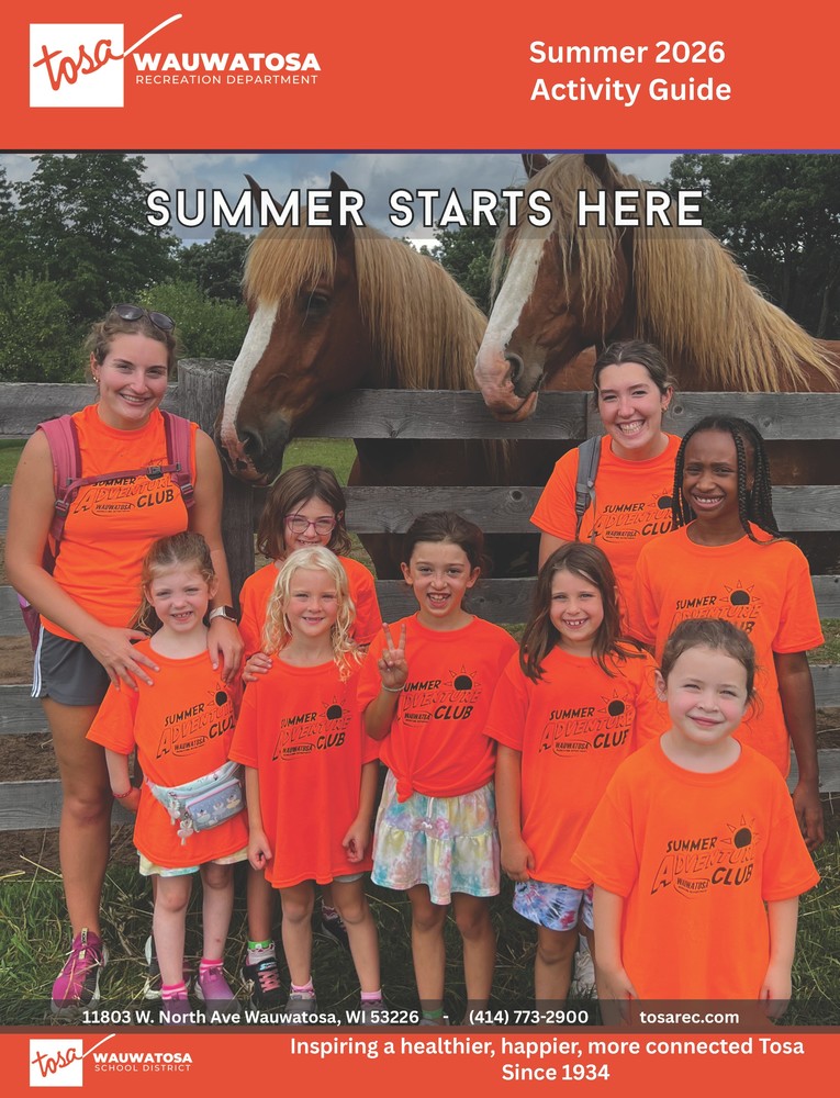 Orange activity guide with kids and adults in front of a pair of horses