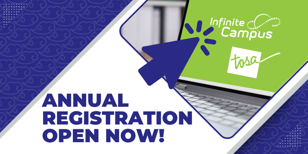 "Annual registration open now" with mouse clicking computer screen