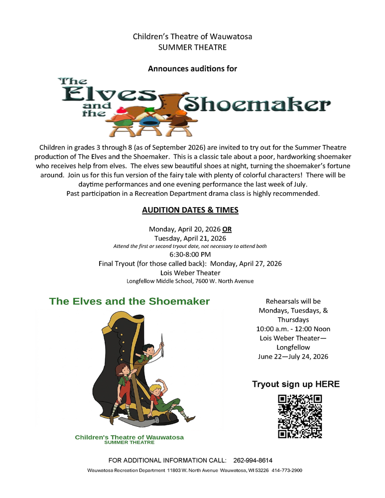 Elves and The Showmaker Tryout flyer with information
