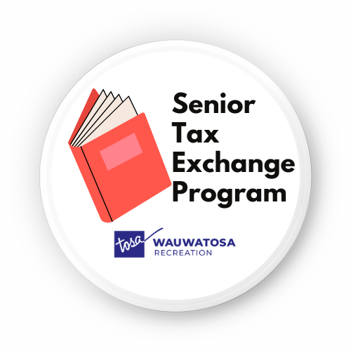 Senior Tax Exchange Program Logo with Book and Wauwatosa Recreation Department Logo