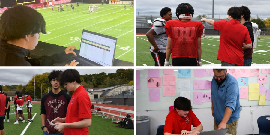 A four photo collage showing a student entering data into a spreadsheet on a laptop while sitting in a press box overlooking a football field; two students and two football players stand on the field and chatting; two students standing on the sidelines of a football field and one of them is flying a drone; and a student and a teacher sitting in a classroom chatting and looking at a laptop.