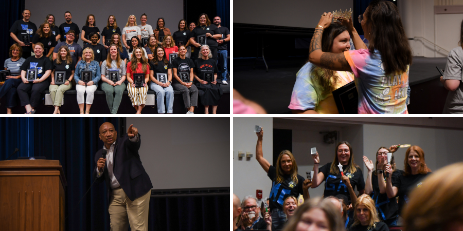 Four photos in a collage. 1) Three rows of teachers and district staff pose on stage after winning Distinguished Service Awards. 2) A woman in a tie-dye shirt places a gold plastic crown on the head of another woman in a matching shirt. 3) Keynote speaker Dr. Robert Berry points at the crowd while speaking on stage. 4) Four female staff members stand up and cheer in the crowd after their colleague wins an award.