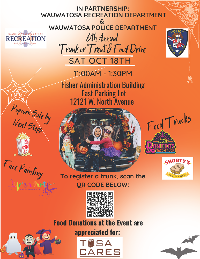 Orange flyer with two children sitting in decorated trunk along with  information about facepainter, food trucks and donating to Tosa Cares