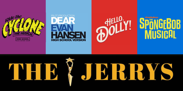 The Jerrys award logo with four plays' logos: Ride the Cyclone, Dear Evan Hansen, Hello Dolly, and The SpongeBob Musical