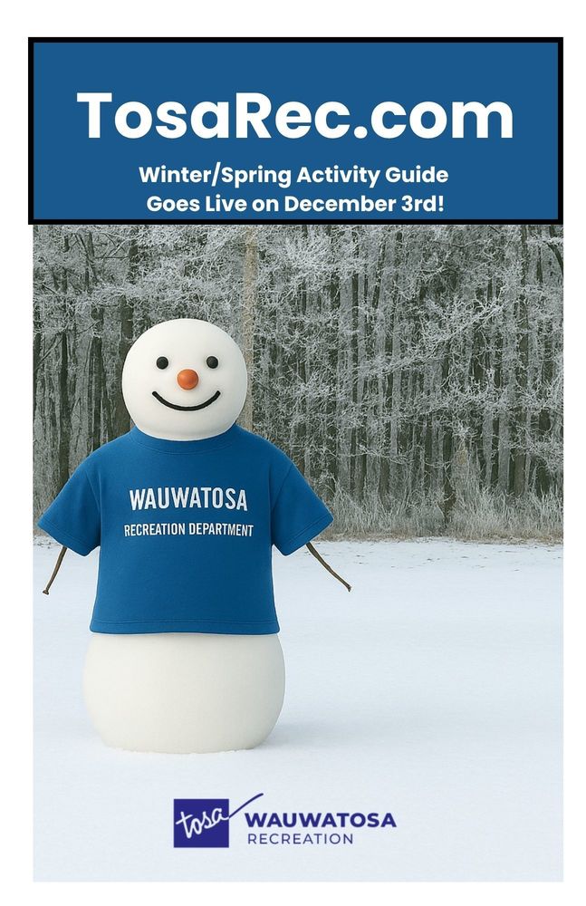 Snowman in blue Tosa Rec shirt with snowy background