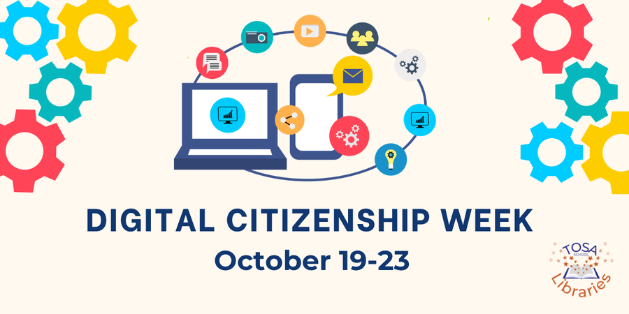 A graphic on a tan background that reads "Digital Citizenship Week, October 19-23" with clip art of a computer, a cellphone, and colorful cogs.