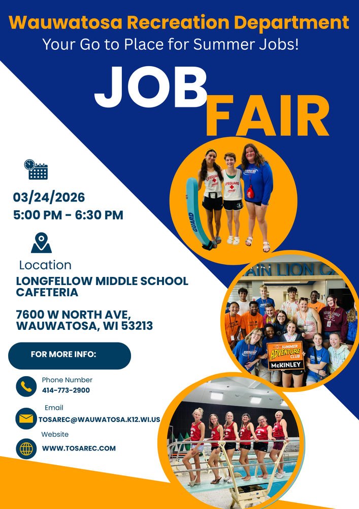 Blue and White job fair poster with pictures of staff and time and location of event