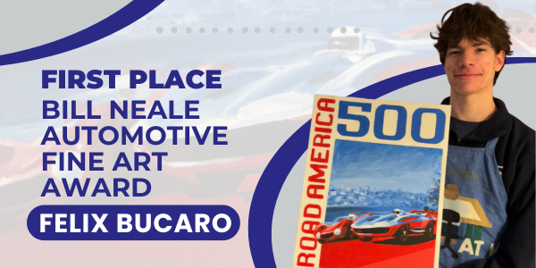 First place Bill Neale Automotive Fine Art Award Felix Bucaro with photo of Felix holding his artwork