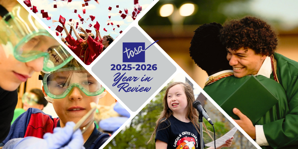 2025-2026 Tosa Year in Review with collage of photos of graduating seniors in cap and gown, student smiling at microphone, and students dissecting with safety goggles on