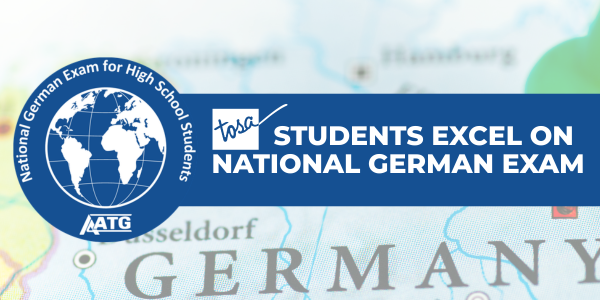 Students excel on national german exam with logo for AATG National German Exam for High School Students and image of map of Germany as background