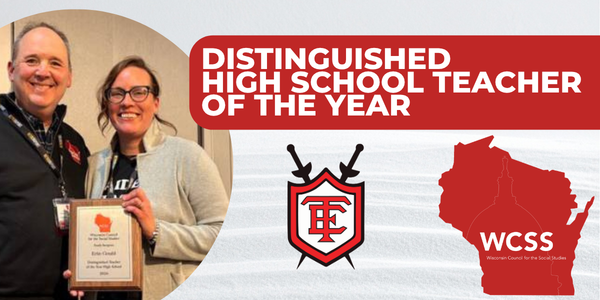 DISTINGUISHED HIGH SCHOOL TEACHER OF THE YEAR with photo of teacher holding award and organization logos