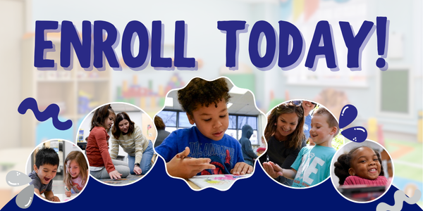 Images of kindergarten students with the words Enroll today!