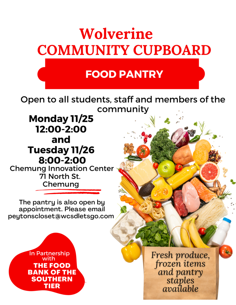 Peyton's Closet and the Wolverine Community Cupboard will be closed Wednesday and Thursday November 27th and 28th in observance of Thanksgiving. Instead, we will be open on Monday November 25th from 12:00-2:00pm and Tuesday November 26th from 8:00 am-2:00 pm. We are open to everyone in the community and look forward to seeing you.