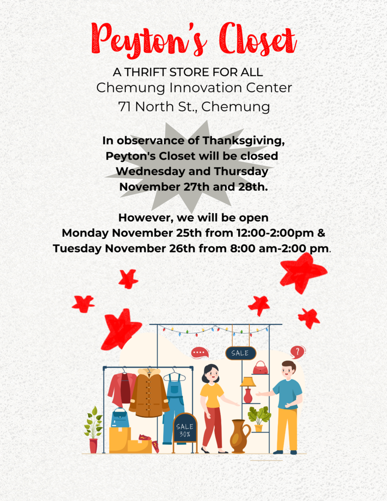 Peyton's Closet and the Wolverine Community Cupboard will be closed Wednesday and Thursday November 27th and 28th in observance of Thanksgiving. Instead, we will be open on Monday November 25th from 12:00-2:00pm and Tuesday November 26th from 8:00 am-2:00 pm. We are open to everyone in the community and look forward to seeing you.
