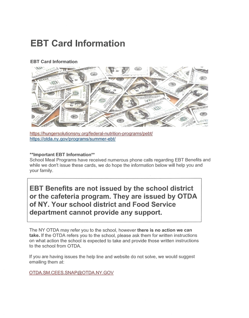 EBT Card Information for families