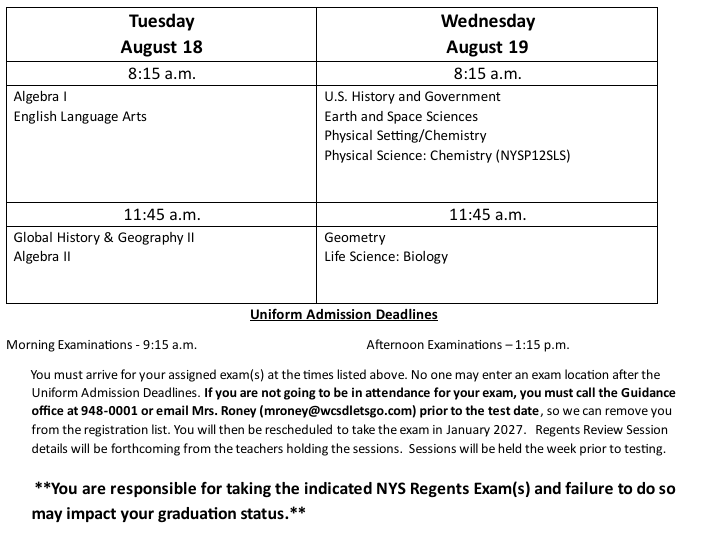 August Regents Schedule