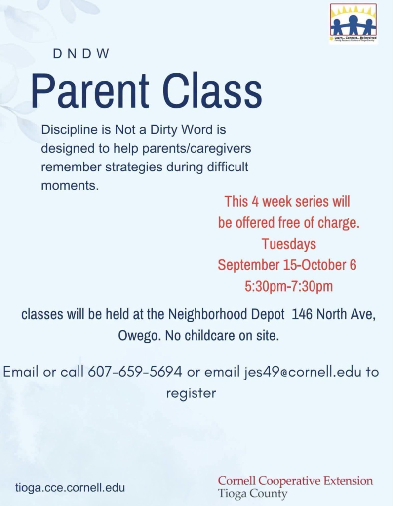 Please see attached Parenting Class offered Tuesdays from September 15-October 6.