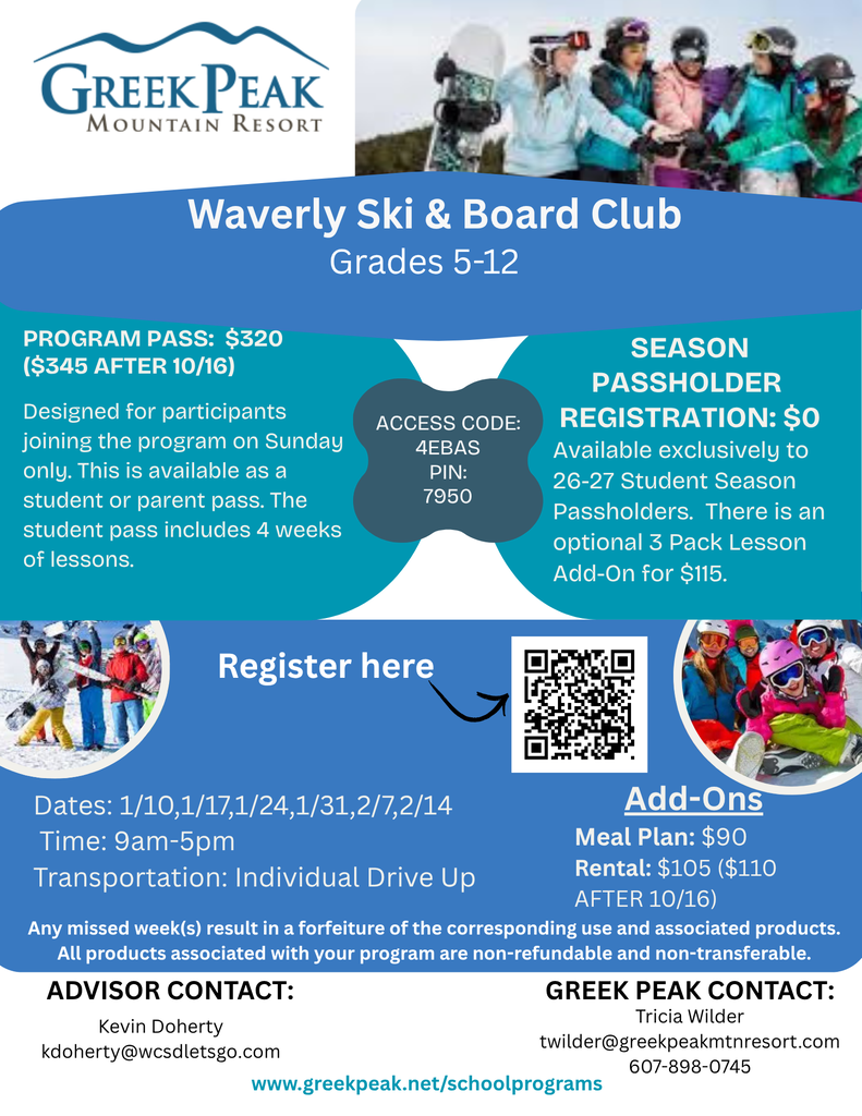 Flyer about ski club with the information to sign up. See post for details.
