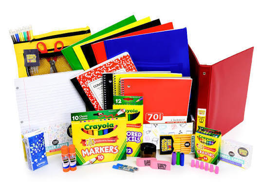 Suggested School Supplies-image showing supplies such as markers, crayons, erasers, folders, etc