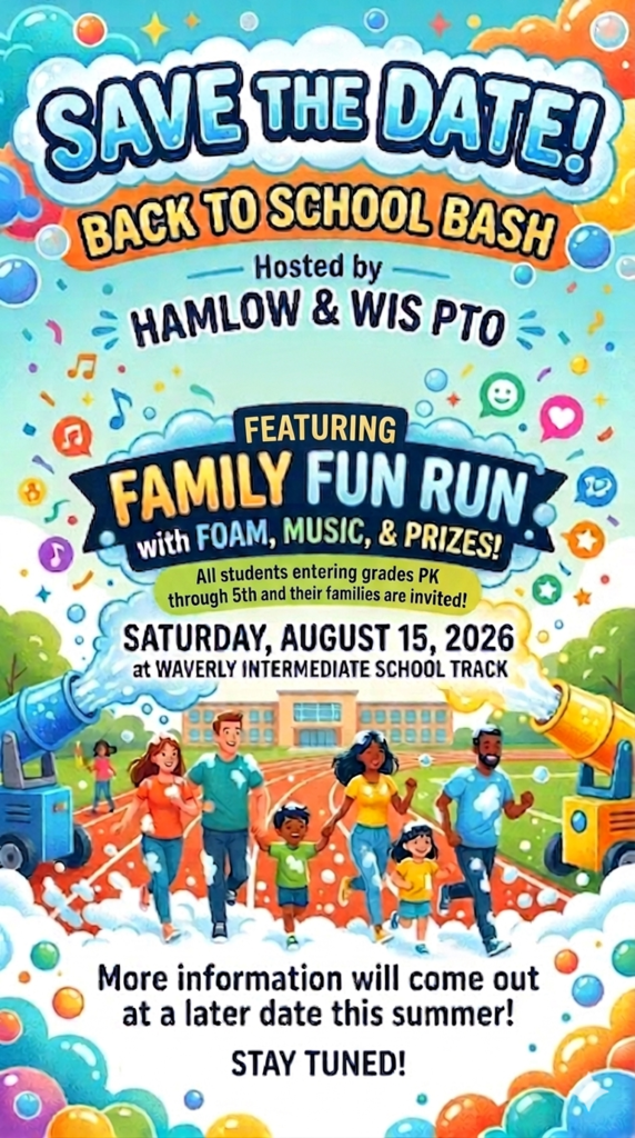Promotional graphic for the Hamlow/WIS PTO Back-to-School Bash and Fun Run event celebrating the start of the school year.