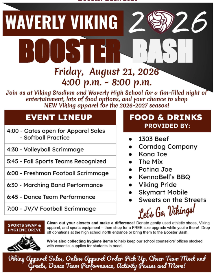 Flyer for the Waverly Viking Booster Bash on August 21, 2026. Features event details like a food sale, volleyball scrimmage, and performances.