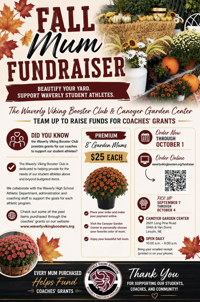 A flyer for the Fall Mum Fundraiser. It features text, QR codes, and images of mums, pumpkins, and other plants.