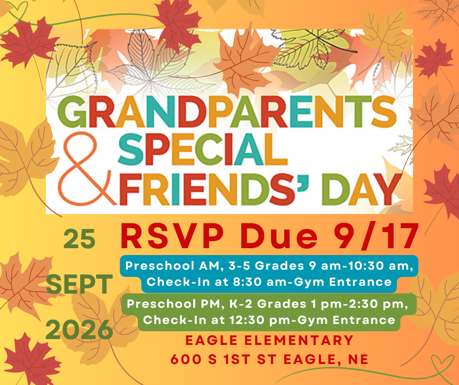 Grandparents & Special Friends Day is on Friday, September 25th: EC AM & Grades 3-5, 9 am-10:30 am, Gym Entrance opens at 8:30 am EC PM & Grades K-2, 1 pm-2:30 pm, Gym Entrance opens at 12:30 pm. RSVP due 9/17 via parent email link sent earlier this week