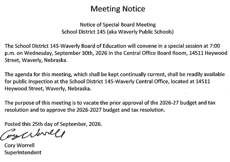 A notice for a special School District 145 meeting on Sept 30, 2026, at 7pm in the Central Office Board Room.