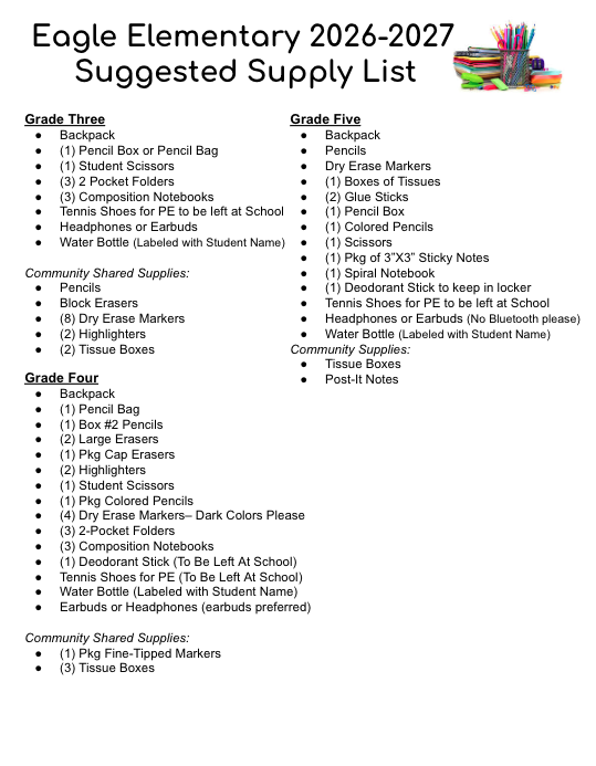 Suggested School Supply List for Grades 3-5