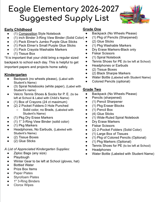 Suggest School Supply List for Grades Grades 3-5