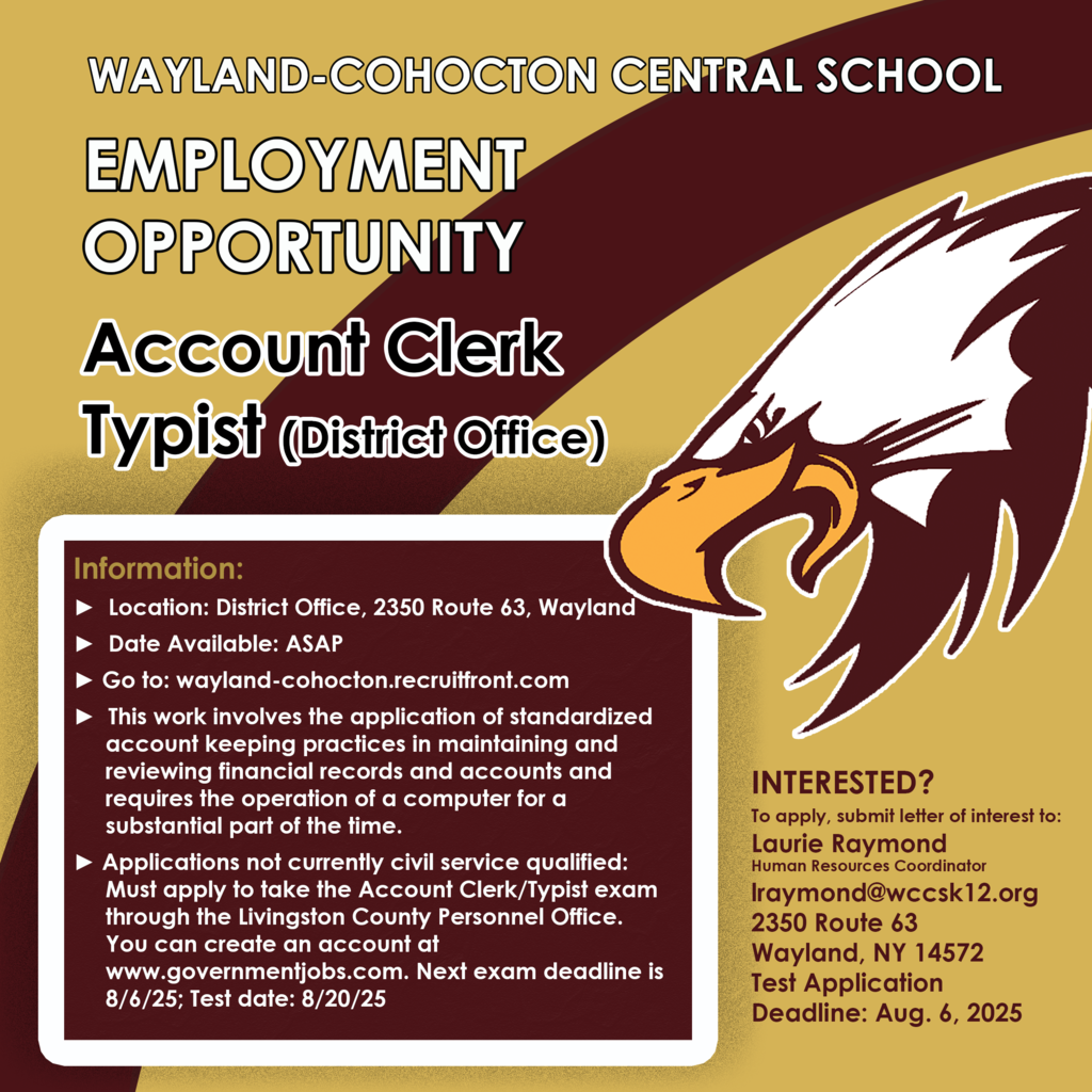 Account Clerk position available in the district office.
