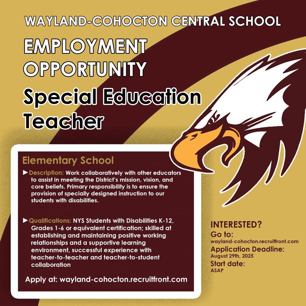 Job posting Wayland-Cohocton Special Education teacher in the elementary school ASAP