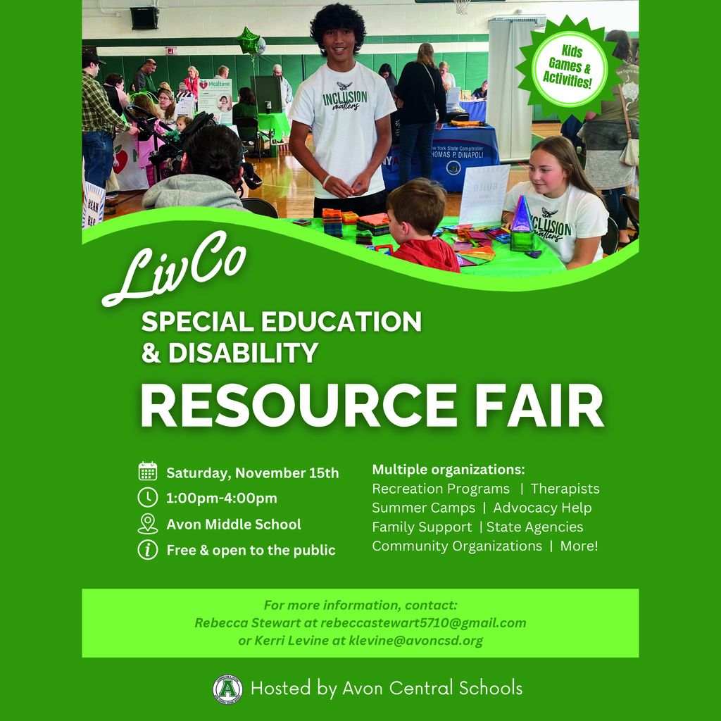 This event is a great opportunity for families looking for special education and disability resources. Save the date for Saturday, November 15th from 1 to 4 pm at Avon Middle School.