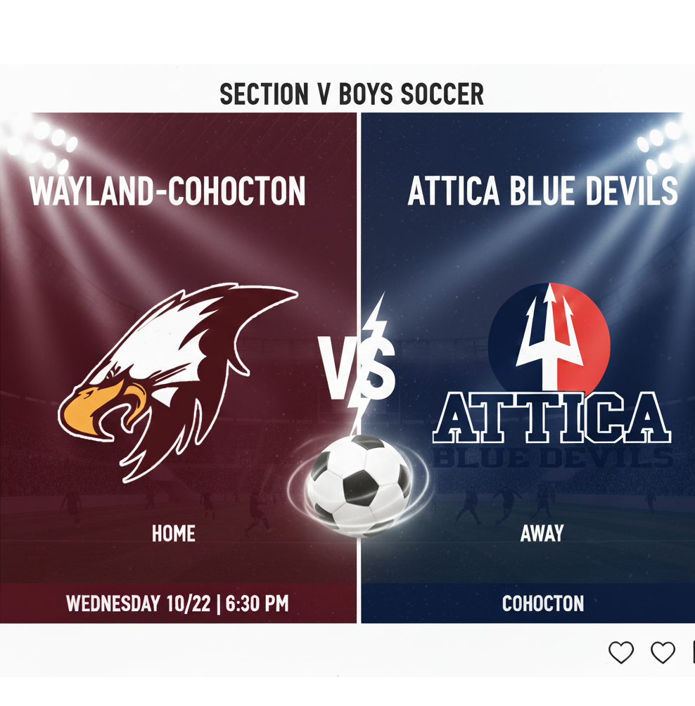 Wayland-Cohocton vs Attica for a Sectional show down at 6:30 tonight at the Cohocton Sports Complex.