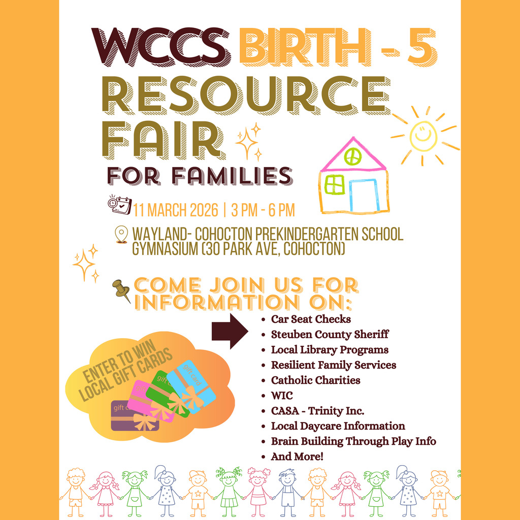 Come to Wayland-Cohocton Prekindergarten School in Cohocton for this family-centered event. If you are a family with children fro m infancy to age five, you are bound to find something of interest! 