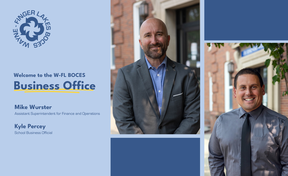 A blue graphic shows two men in button-down shirts, welcoming them as new employees of the Wayne-Finger Lakes BOCES Business Office