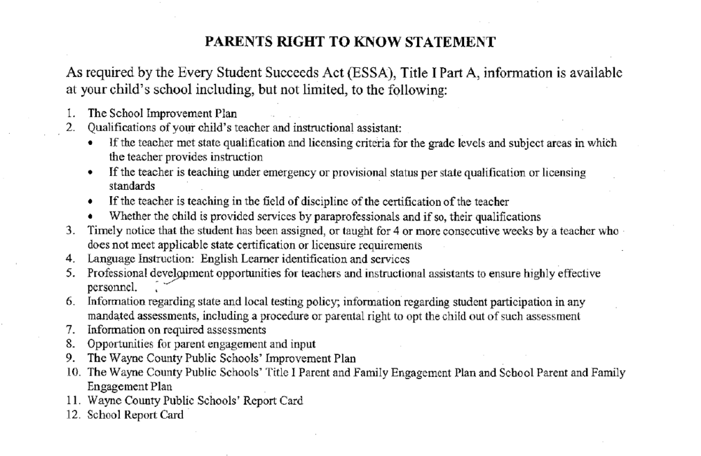Parents' Right to Know Statement (English)