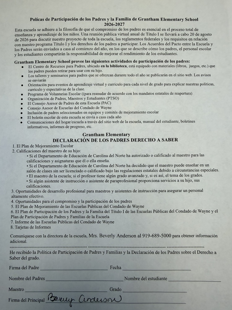Parents' Right to Know Statement (Spanish)
