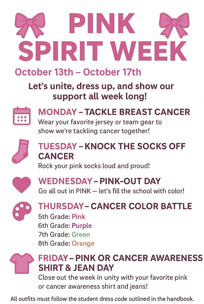Pink Spirit Week October 13th - October 17th