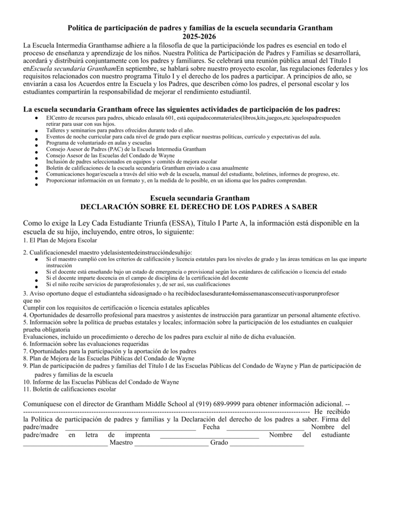 2025- 2026 Title 1 Family Engagement Policy and Parents Right to Know Statement in Spanish