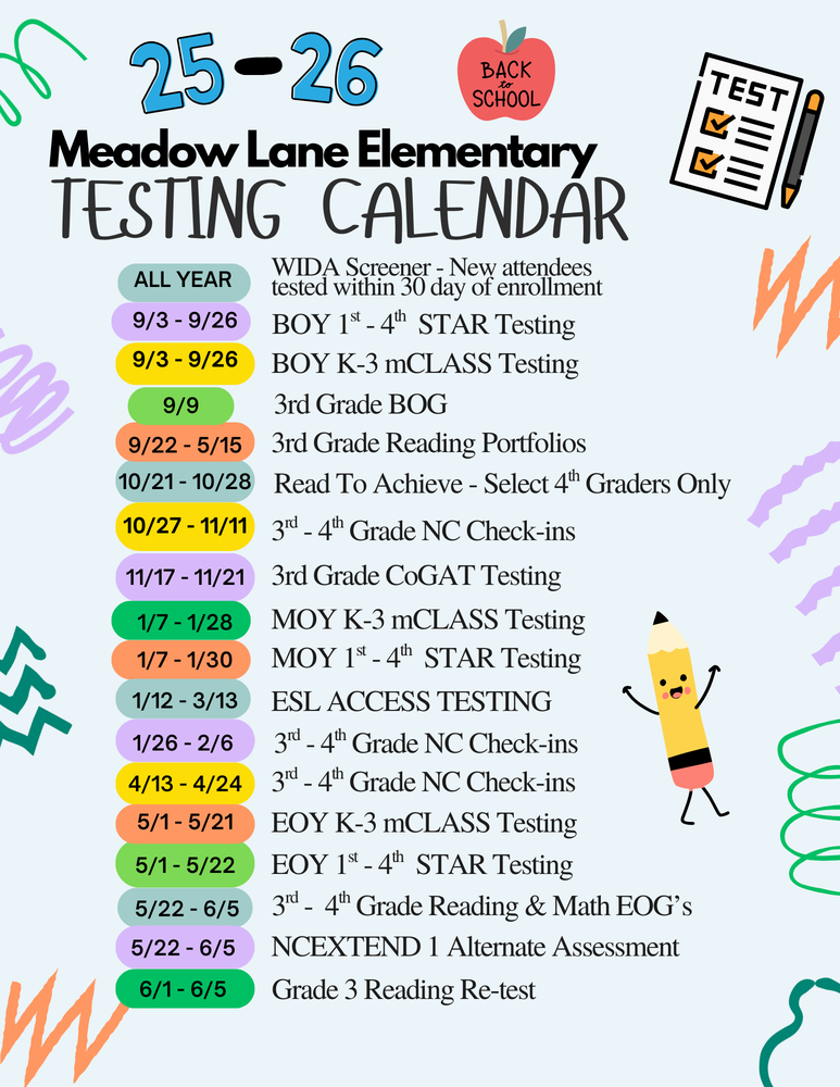 calendar of testing dates with pencil, apple and test image