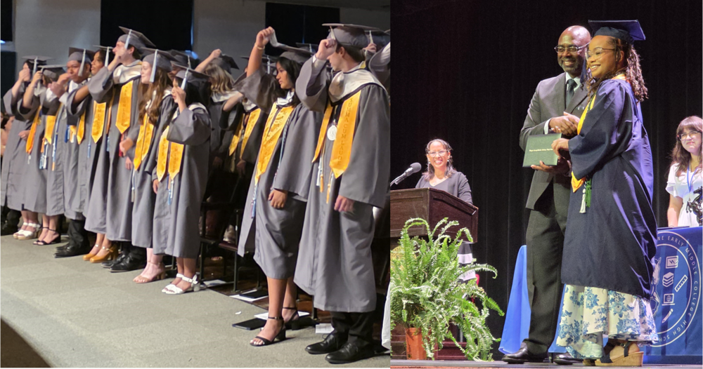Wayne School of Engineering Graduates flipping tassels and Wayne Early Middle College High graduate receiving diploma