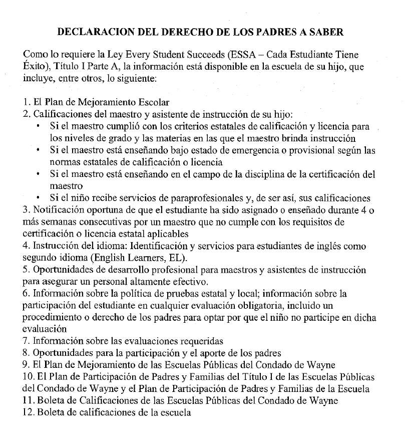 Parents' Right to Know Statement (Spanish)