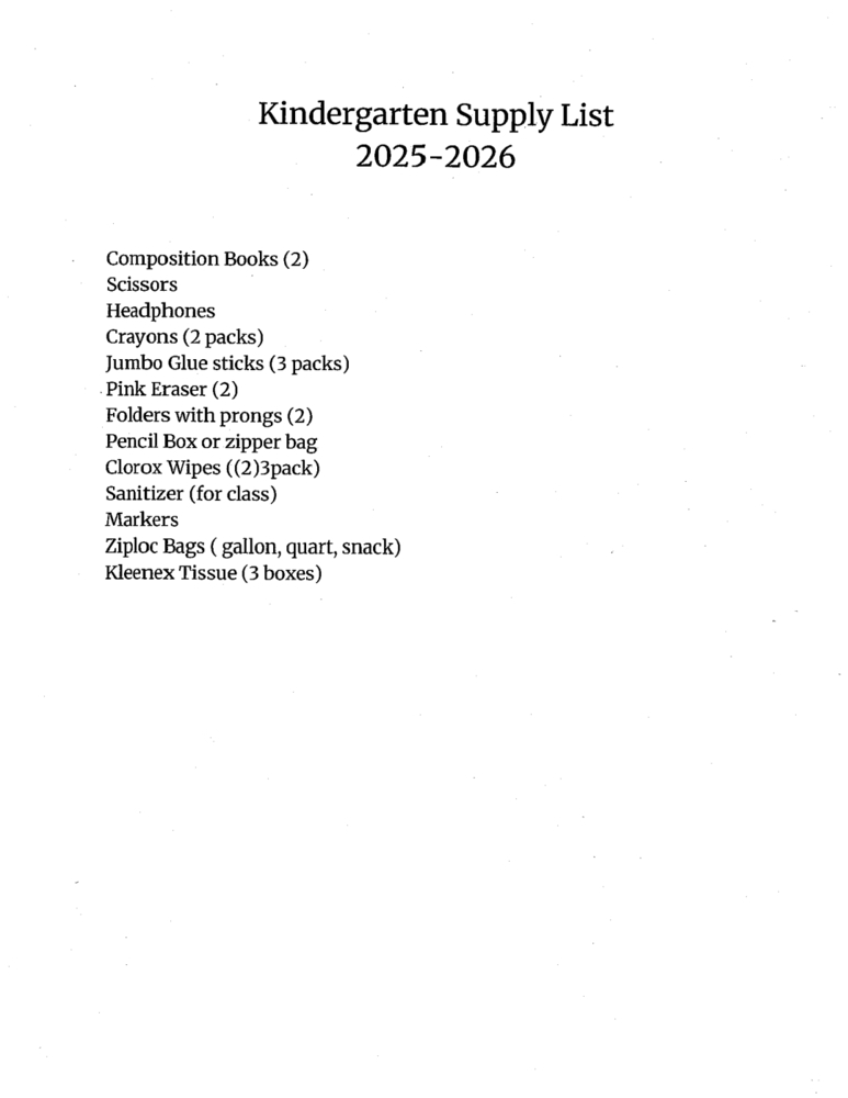 KIndergarten SUpply LIst