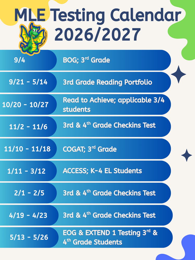 mle testing calendar with dates and test listed