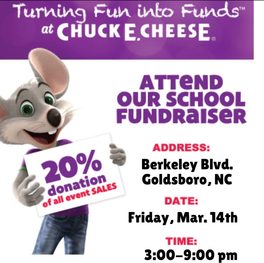 chuck e cheese mouse holding fundraiser sign