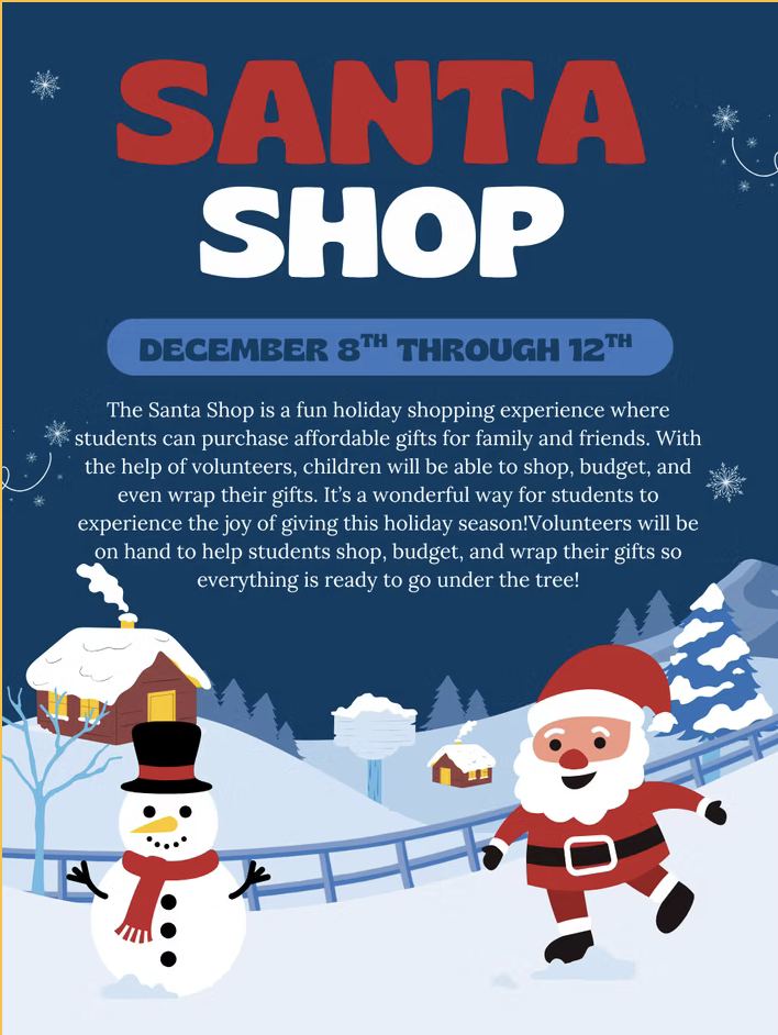 snowman, santa, snow covered ground and tress flyer advertising for the PTA Santa shoppe event